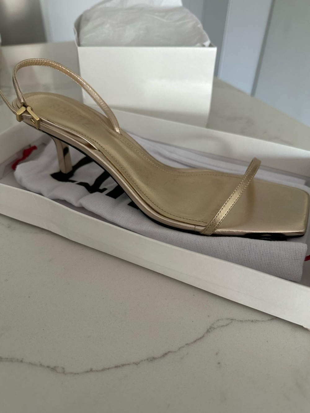 SCHUTZ Gold Metallic Slingback Square-Toe Mid Heel